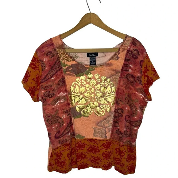 Y2K Vintage West End Mixed Print Boho Exposed Seams Metallic Graphic T Shirt - Picture 1 of 10